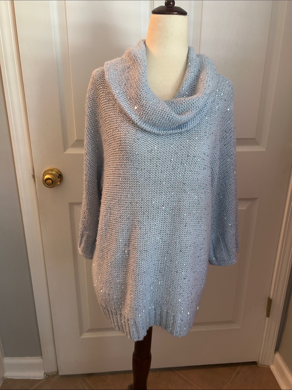 Chico's Pale Blue Sequin Cowl Neck Sweater. M/L